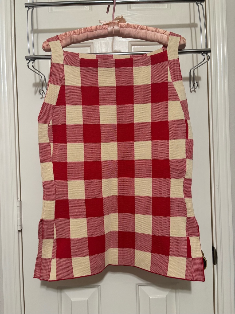 NWOT Commense Red & Cream Check Knit Top